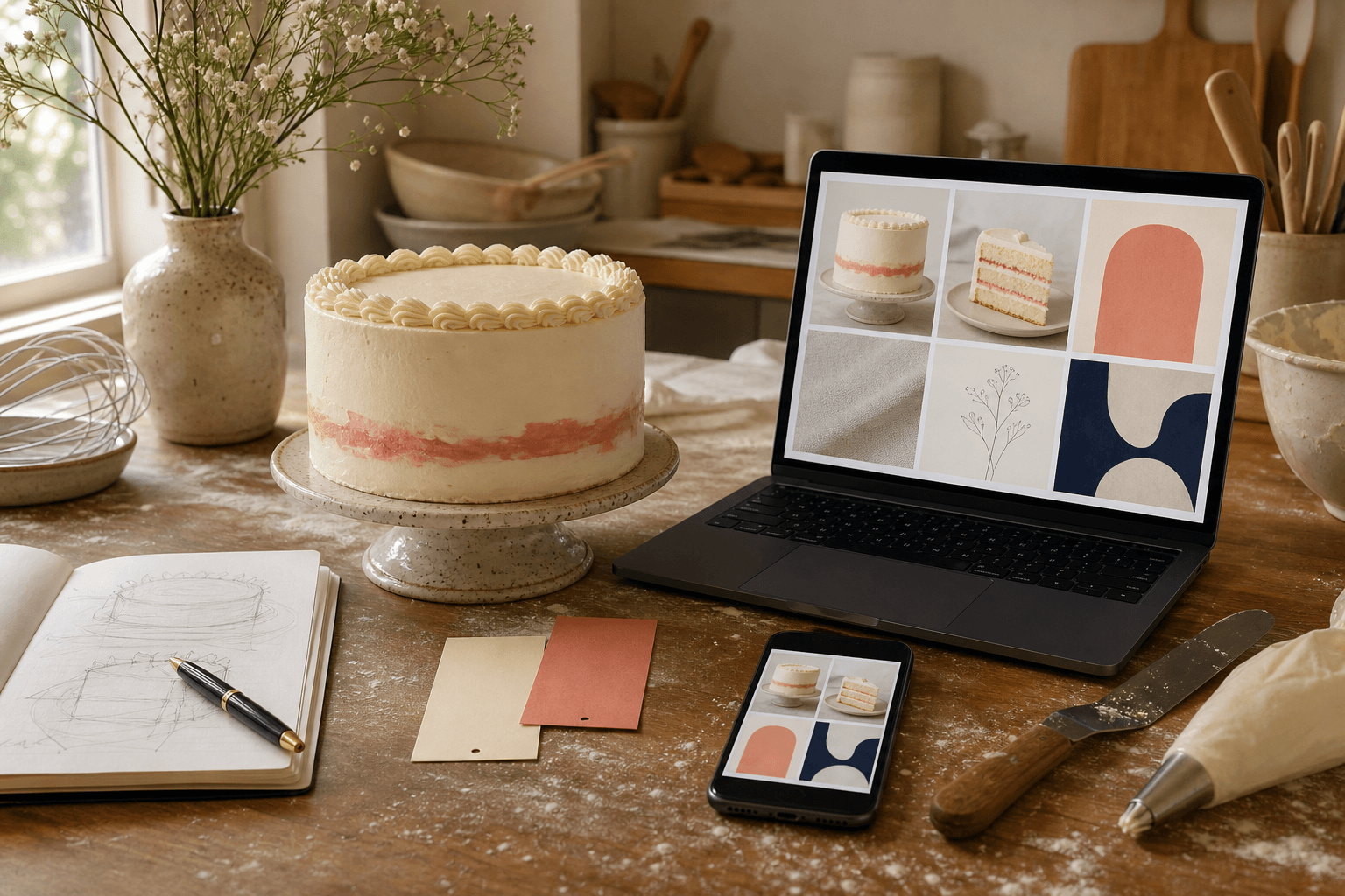 Illustrative bakery worktable where real business notes and products are being turned into social content