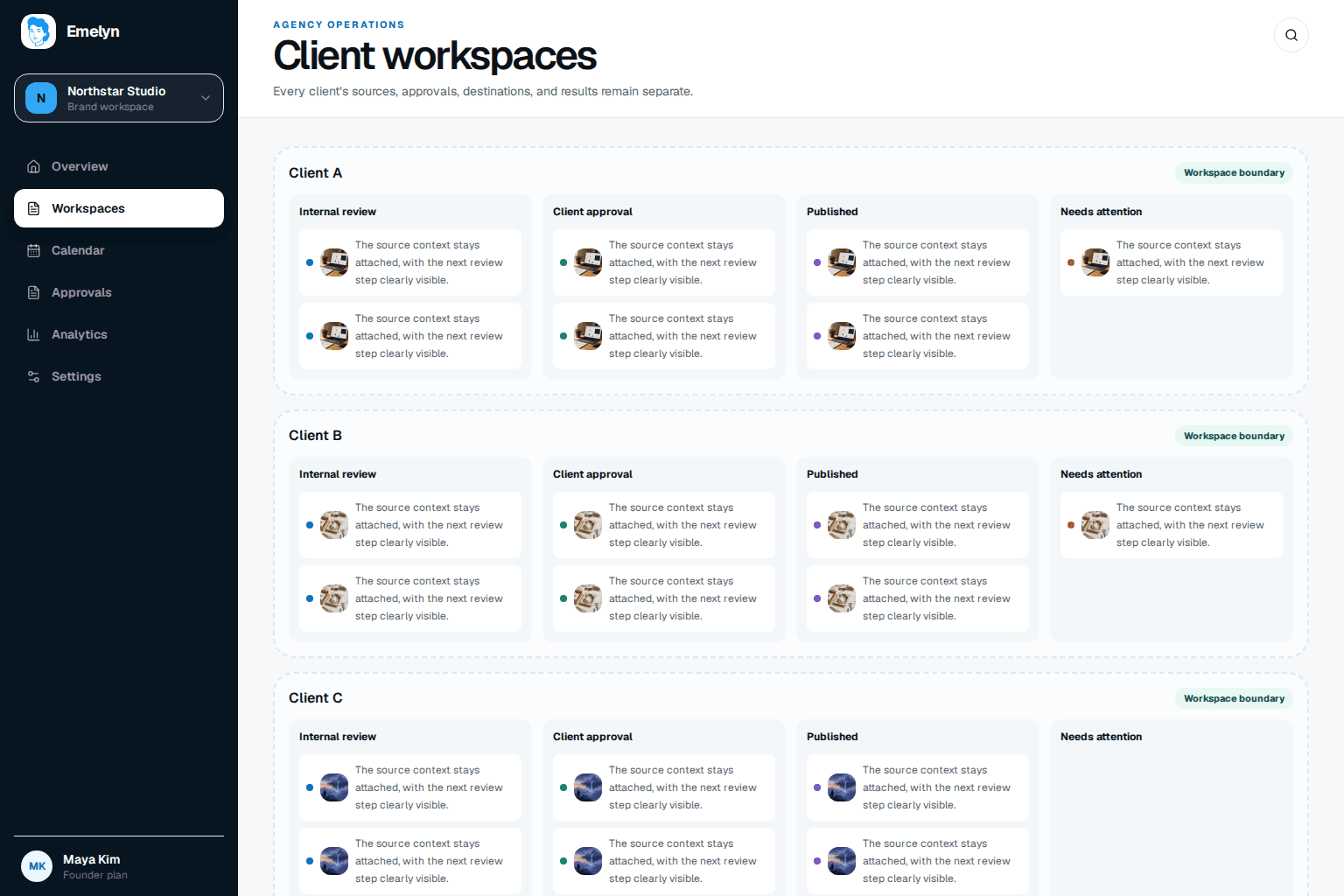 Agency command center with separate client workspaces and visible internal review, client approval, published, and needs-attention states