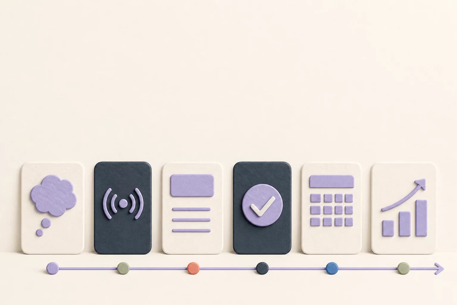 A tactile product timeline moving from an idea and signal through approval, publishing, and learning