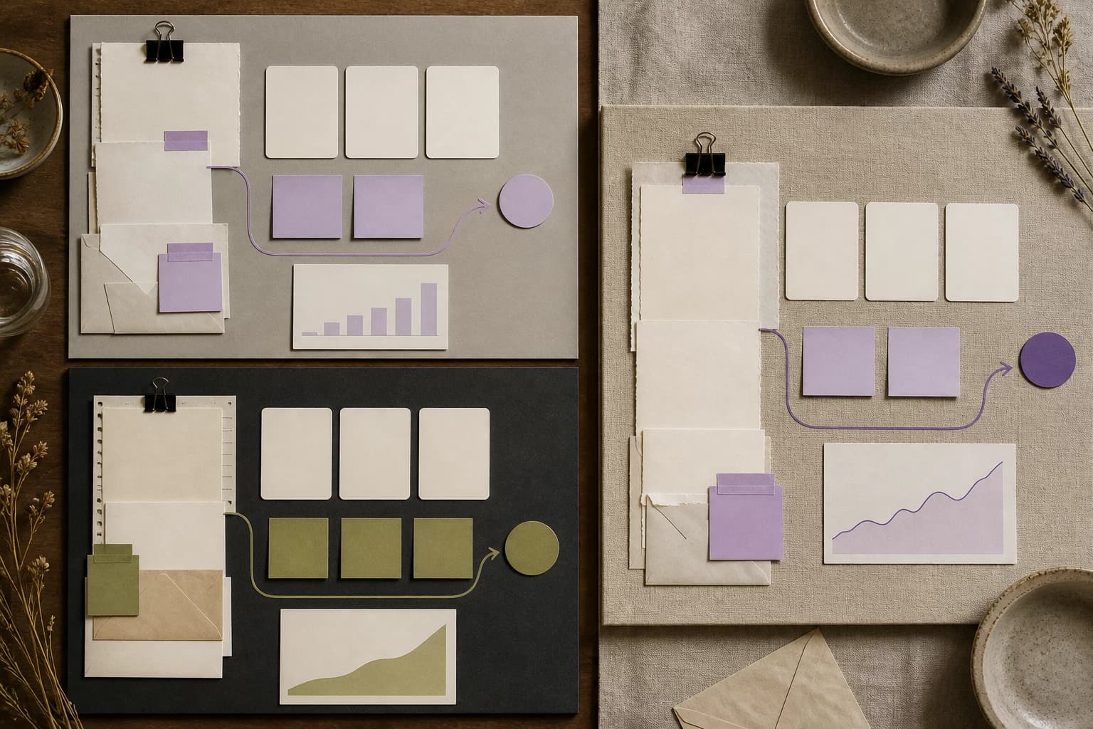 Three distinct evidence boards showing sources, workflow steps, and outcome charts
