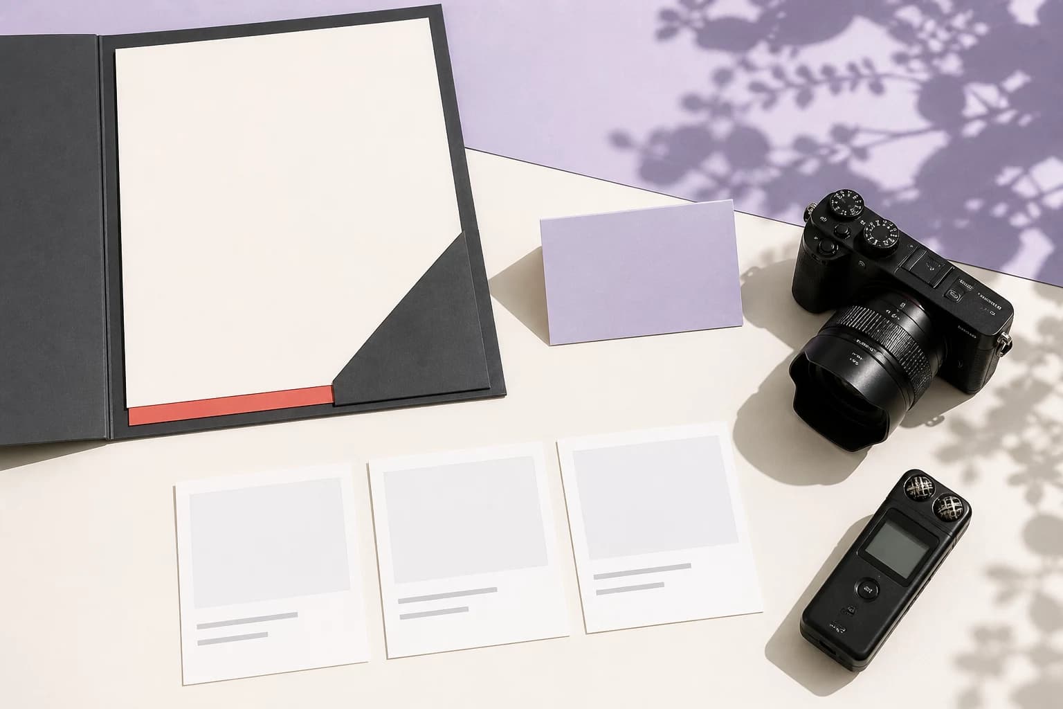 Press folder, camera, recorder, and blank product cards arranged on a warm studio table