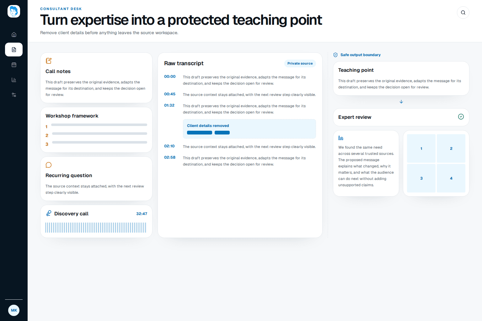 Consultant content workspace where call notes, frameworks, and recurring questions pass through a client privacy check before expert review