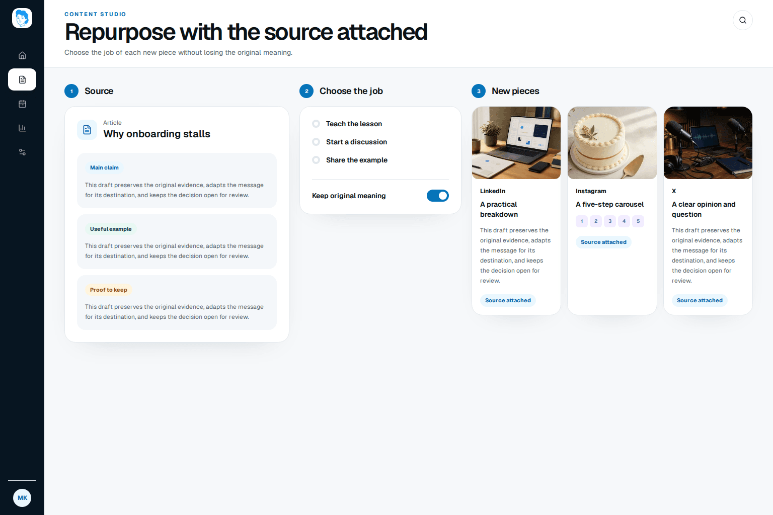Emelyn content repurposing view preserving a source claim and evidence while creating a LinkedIn post, carousel, short video brief, and audience question