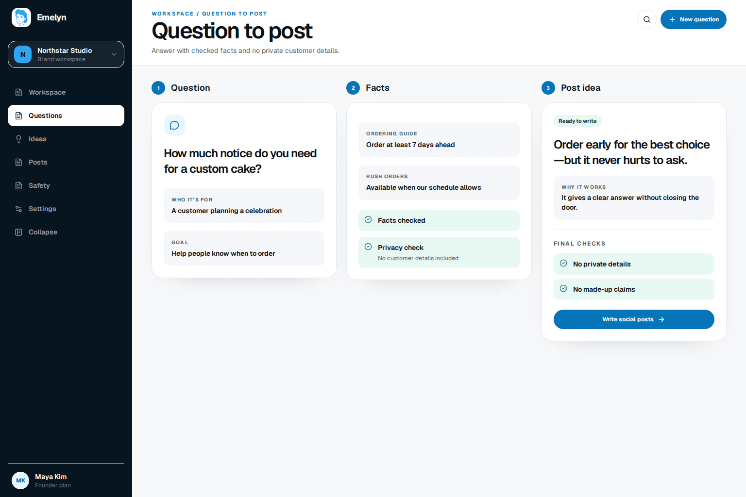 Emelyn example showing a customer question, the facts used to answer it, and a social post idea