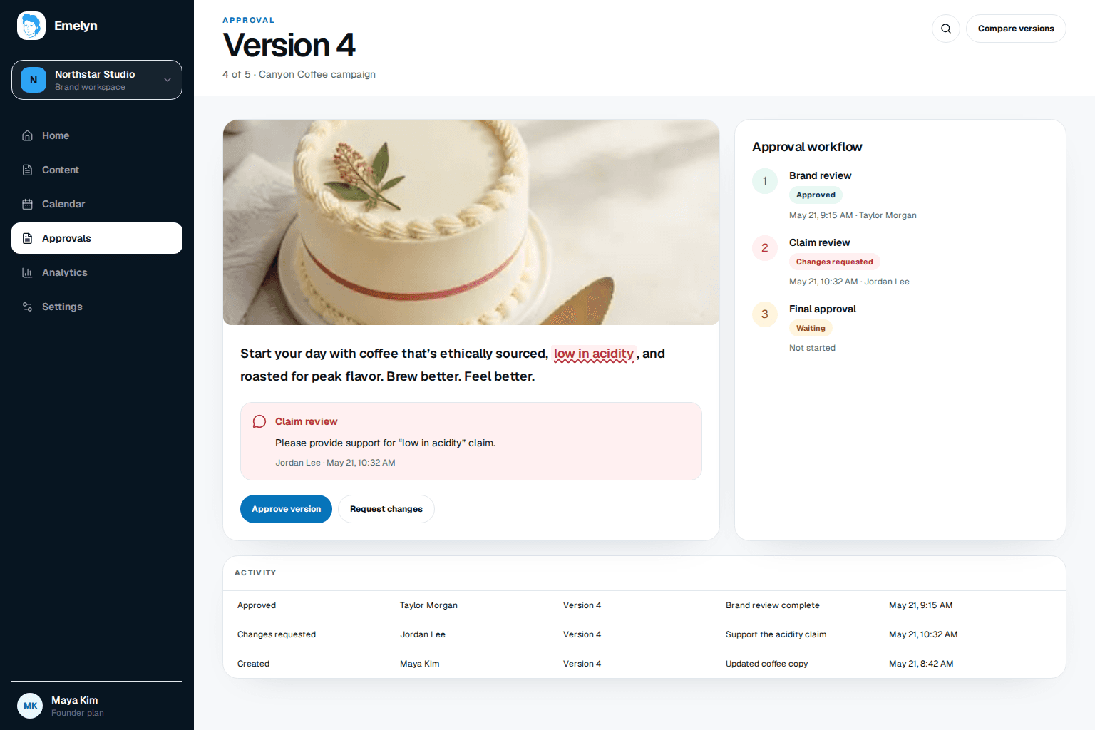 Emelyn approval workspace showing version four, inline claim feedback, ordered approval steps, action history, and buttons to approve or request changes