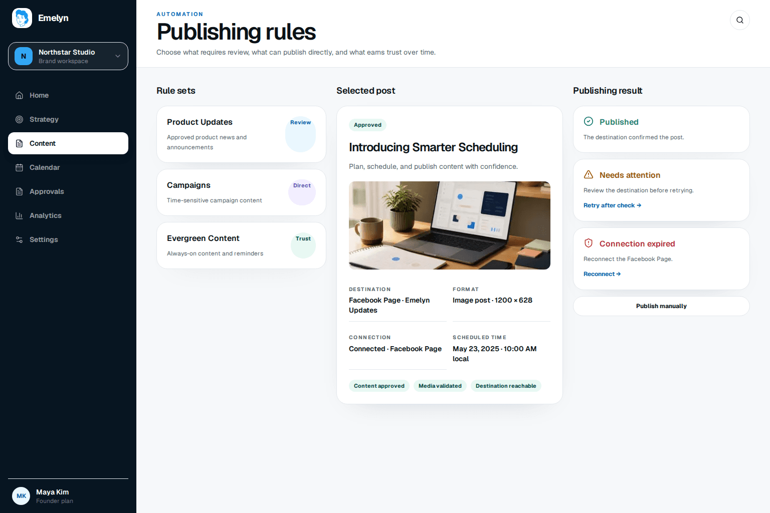 Emelyn publishing workspace showing review, direct, and trust rules, destination readiness checks, and published, needs-attention, or connection-expired outcomes