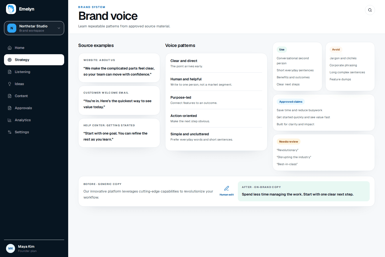 Emelyn brand voice workspace showing source examples, evidence-backed voice patterns, use and avoid rules, approved claims, and a before-and-after revision