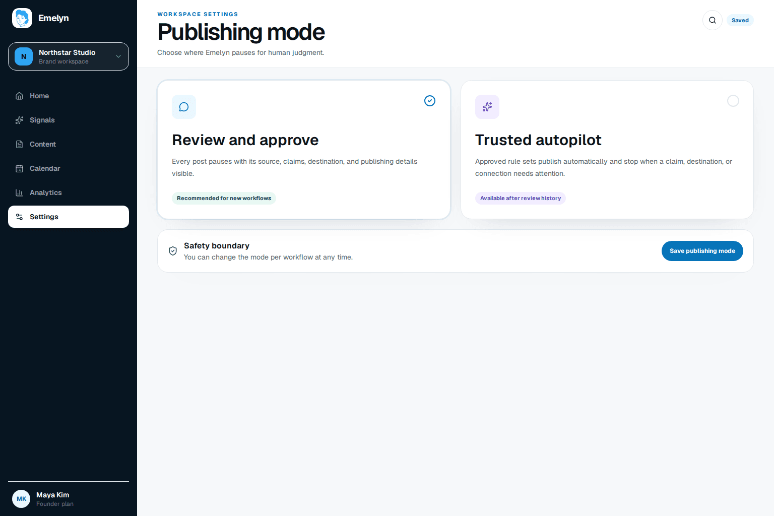 Emelyn publishing mode settings with Review and Approve selected beside the Full Autopilot option