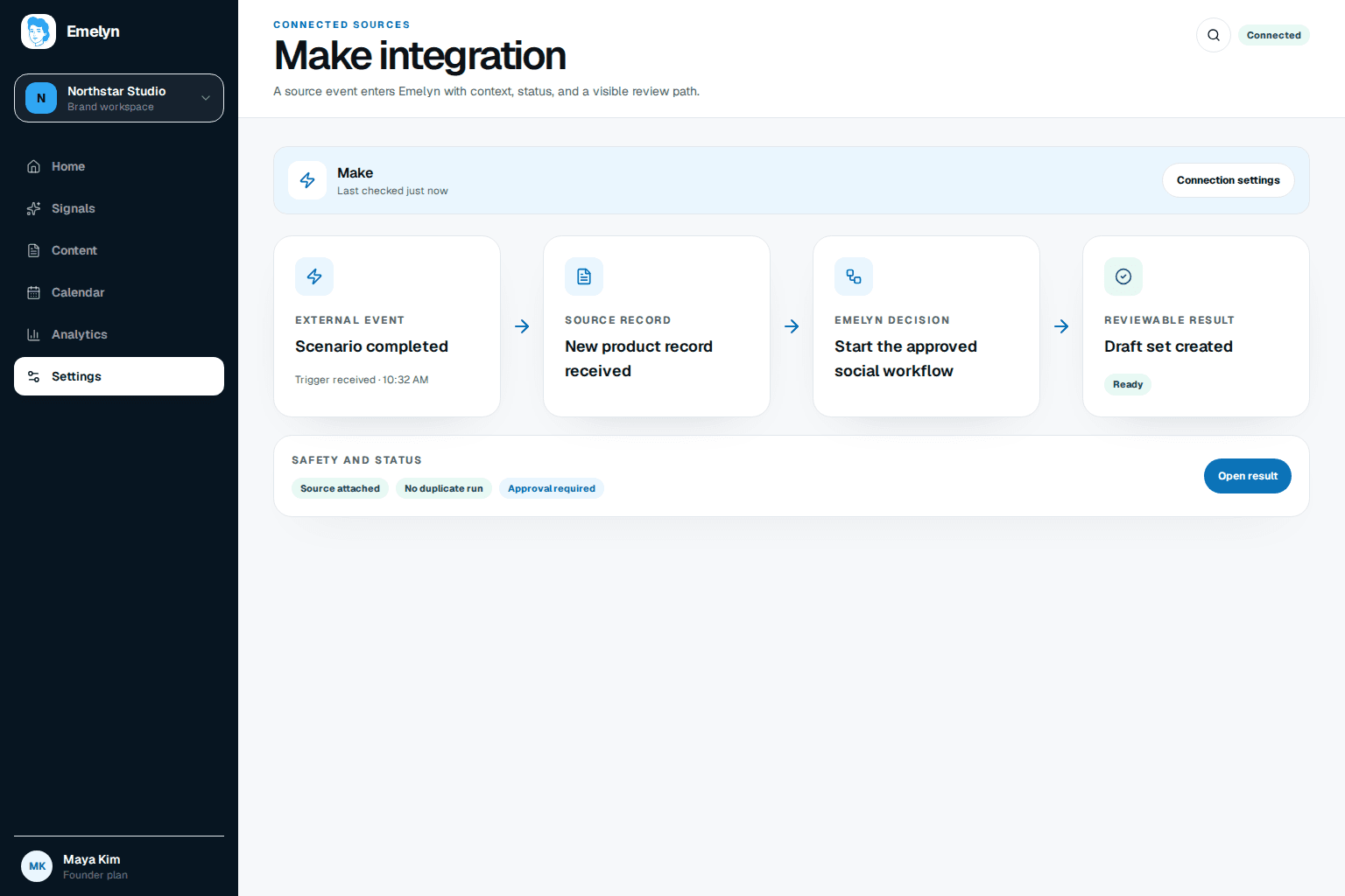 Make scenario from custom webhook through approved article filter and Emelyn campaign creation to accepted or needs-attention routes, field mapping, error handlers, and execution history