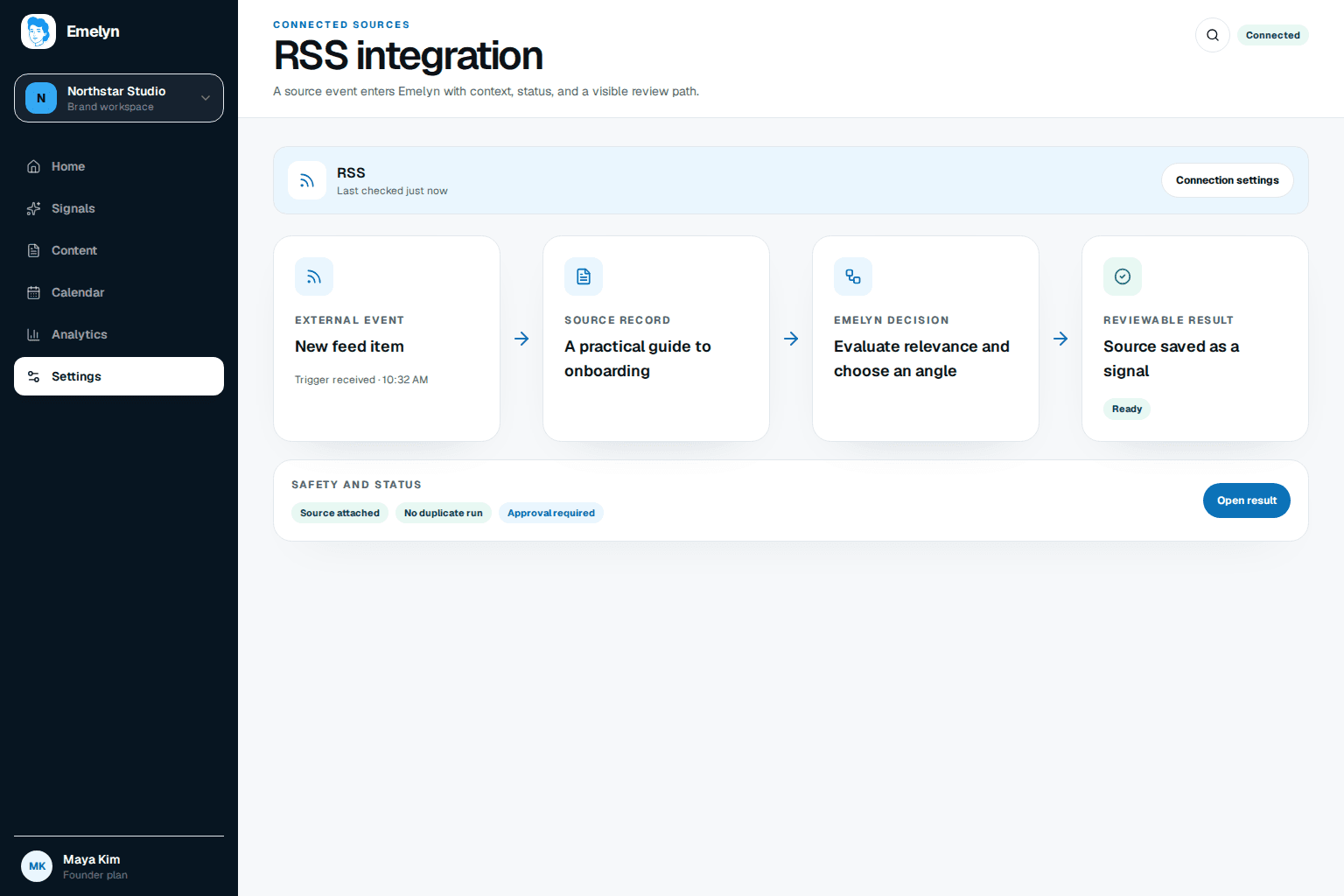 RSS feed intake showing a fetched item, GUID and canonical duplicate checks, review state, conditional fetch results, parse error, and campaign action