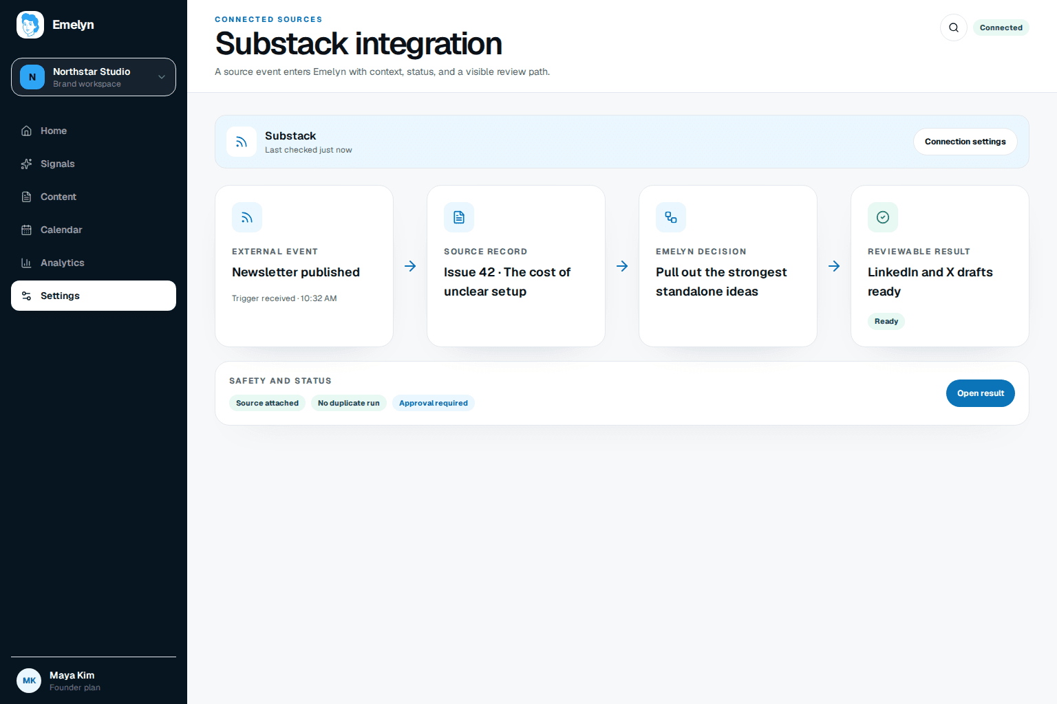 Substack issue-to-campaign workspace showing a public issue, publication feed status, lesson, quote and practical angles, distinct seven-day sharing queue, and review controls
