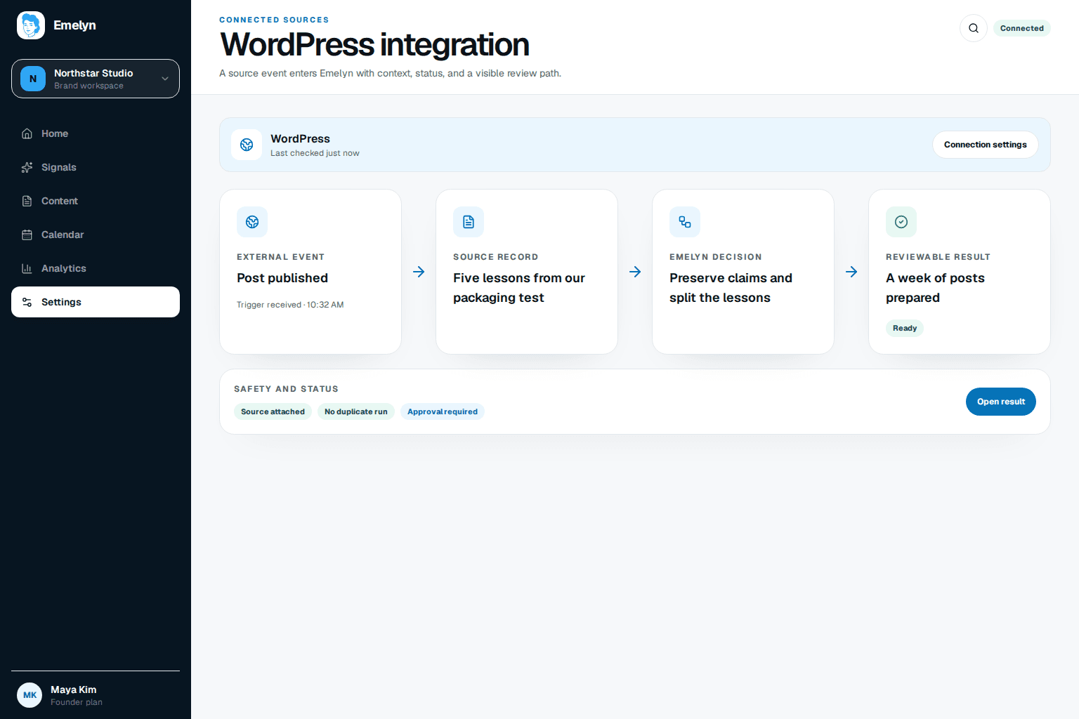 WordPress publish bridge showing a first-publish transition, revision and private-post filters, distinct social drafts, Application Password, HTTPS, retry, and duplicate handling