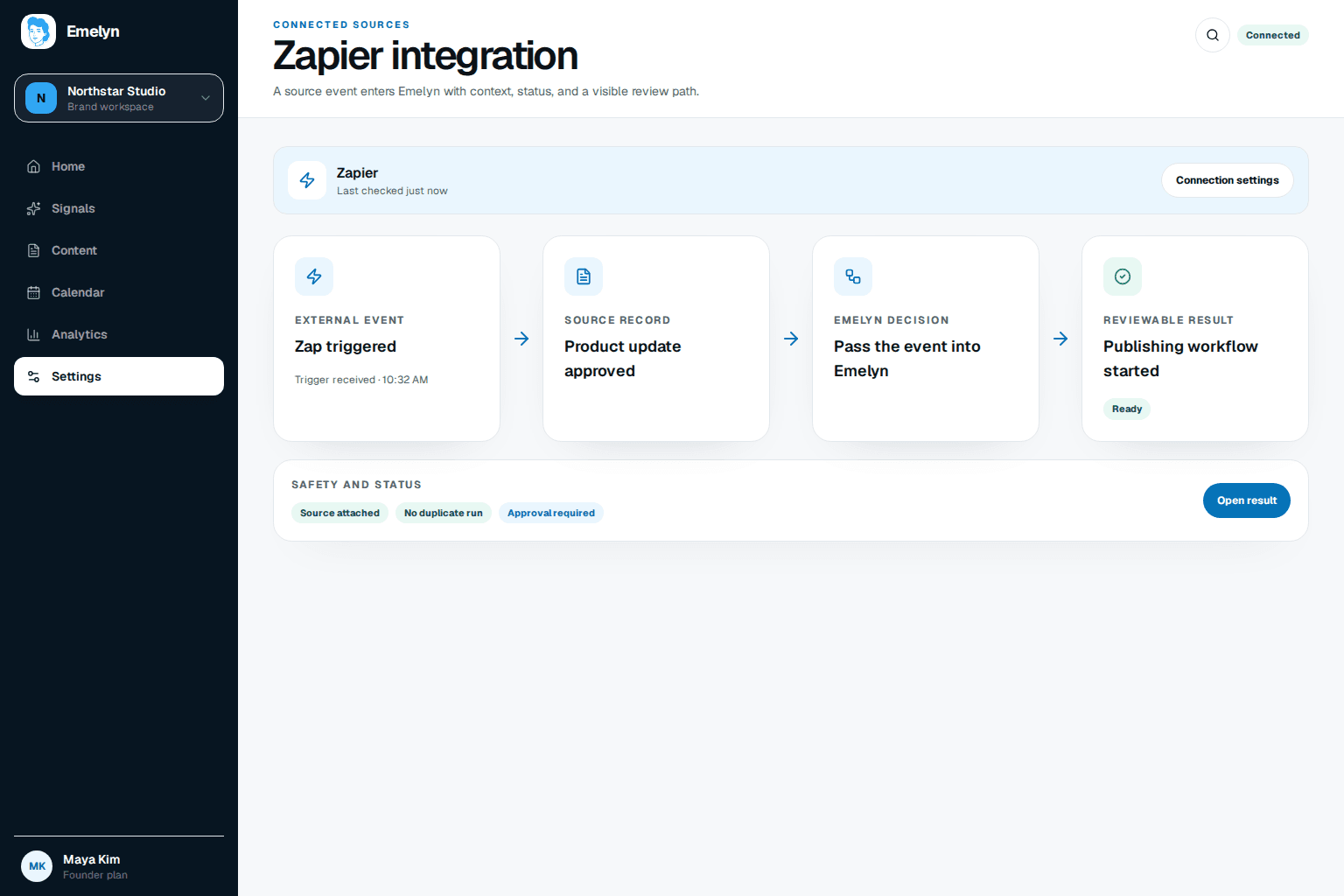 Zapier flow from tagged support ticket through filter, mapped Emelyn idea and drafts, human review, approval trigger, ticket update, task history, and error handling