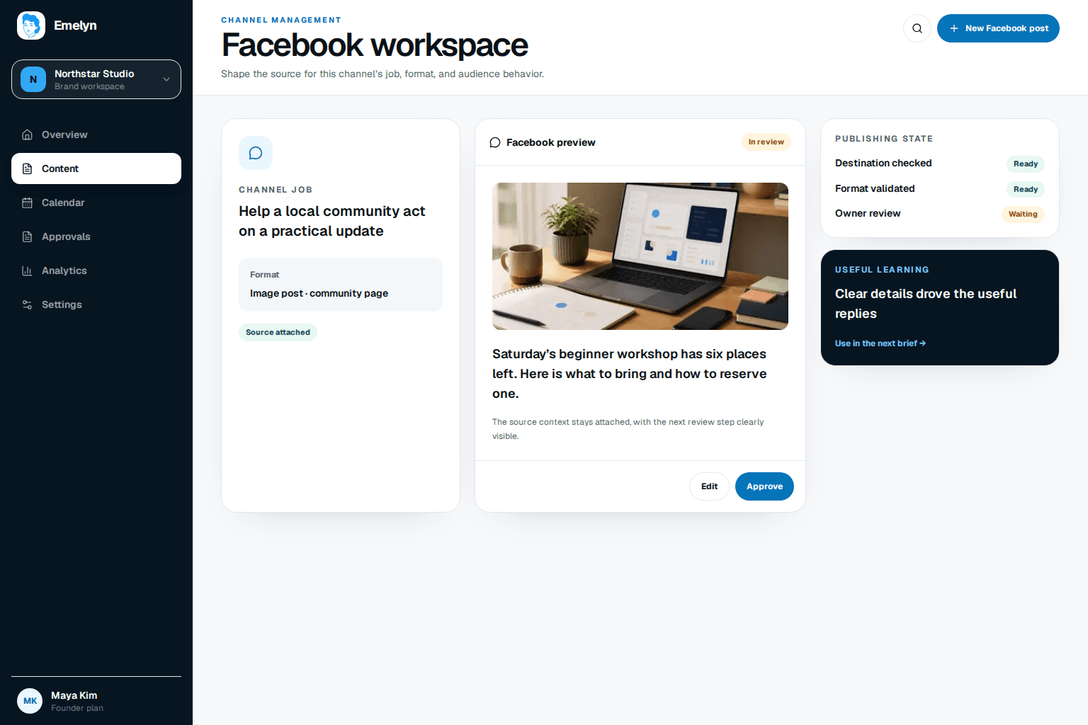 Facebook Page workspace for a local bread class with source details, Page access, post preview, readiness, delivery states, and customer-action measurement