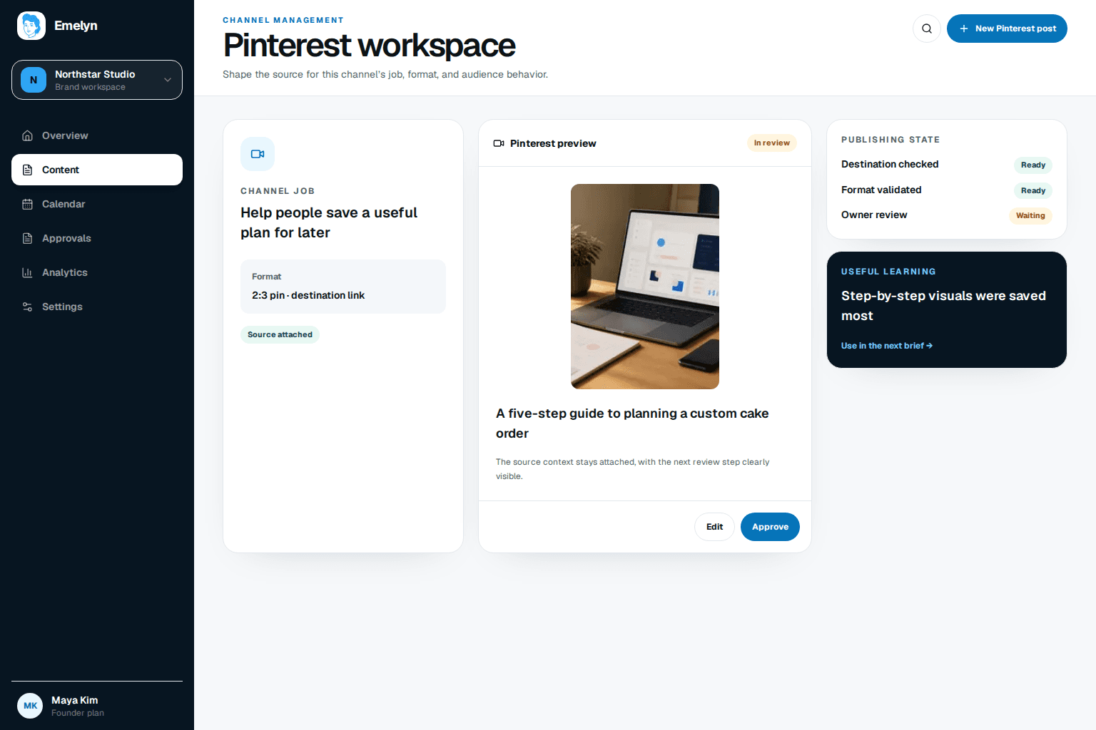 Pinterest planning board with three distinct Pins, board and destination fields, alt text, crop and topic checks, spaced calendar, saves, outbound clicks, and deeper-guide opportunity