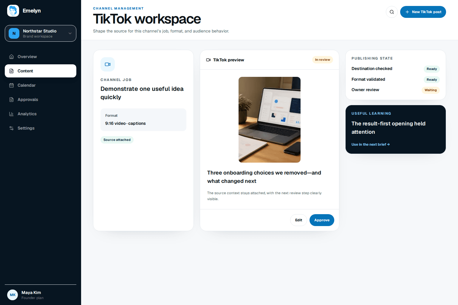 TikTok video workspace with six-beat shot list, vertical preview, cover and caption, direct or draft publishing, creator controls, status, and retention learning