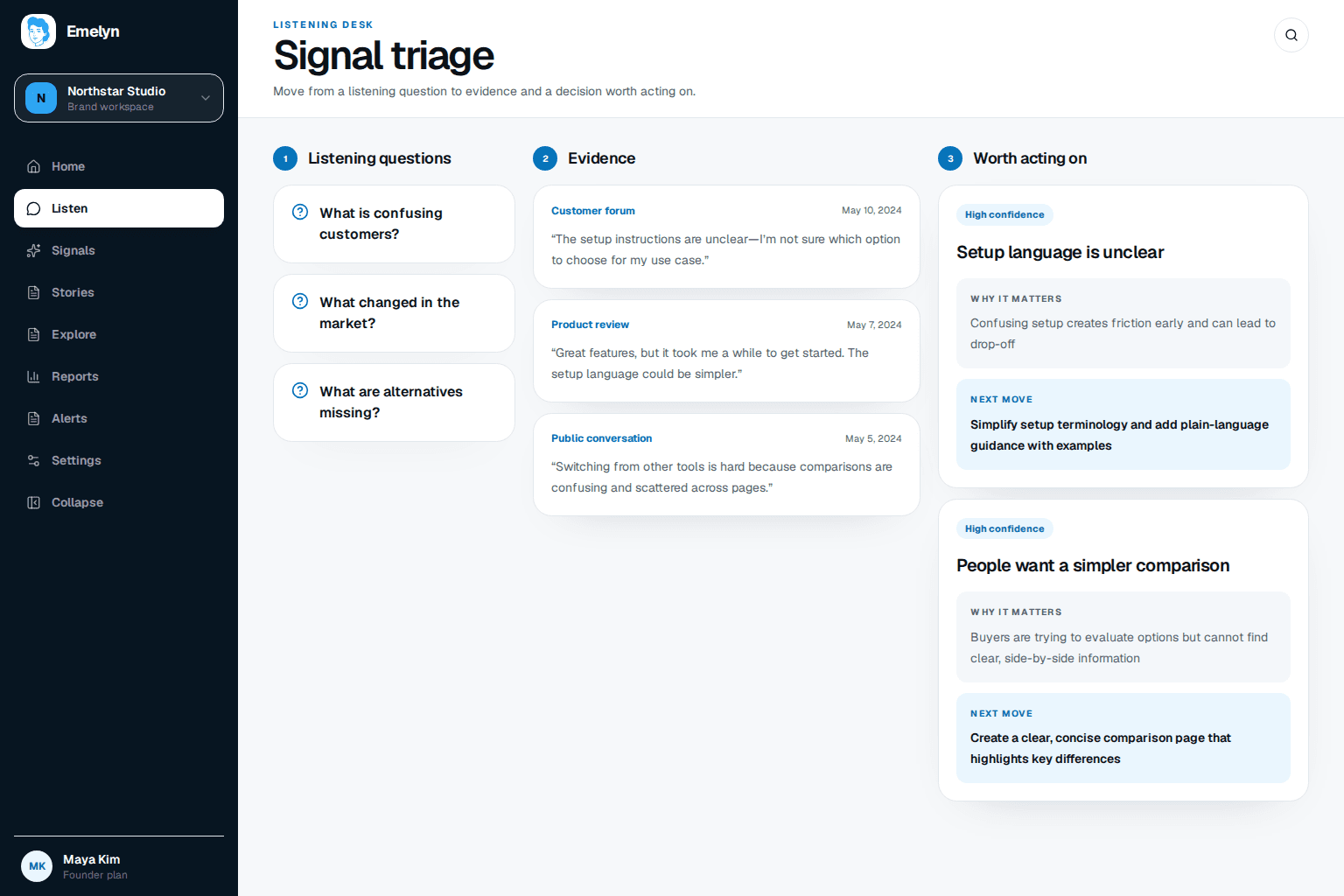 Emelyn social listening view sorting customer conversations into useful signals with evidence, meaning, and a recommended next move