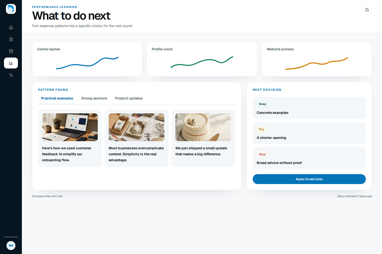 Emelyn social media analytics view connecting a post goal and comparable results to keep, try, and stop recommendations