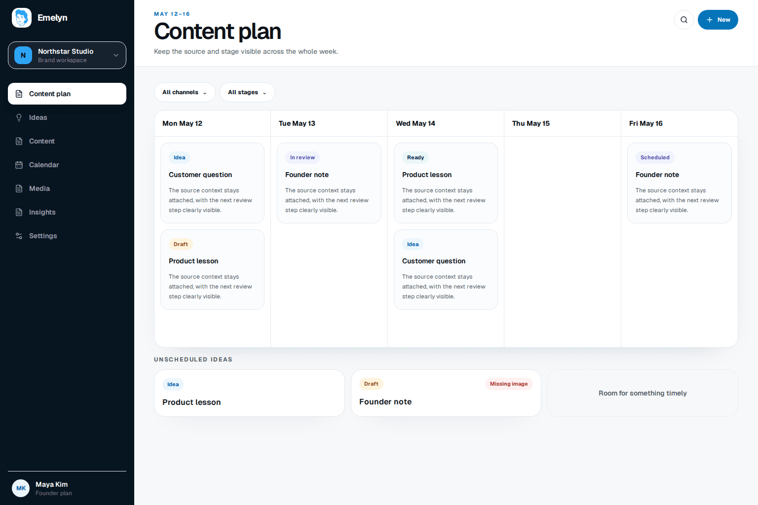 Emelyn social media content calendar with undated ideas, draft, review, ready, and scheduled states plus visible weekly gaps