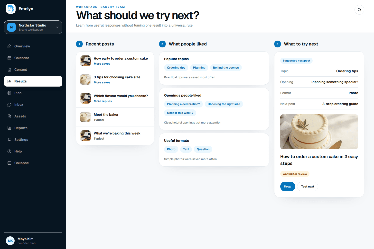 Emelyn example showing recent posts, what people found useful, and an idea to try next