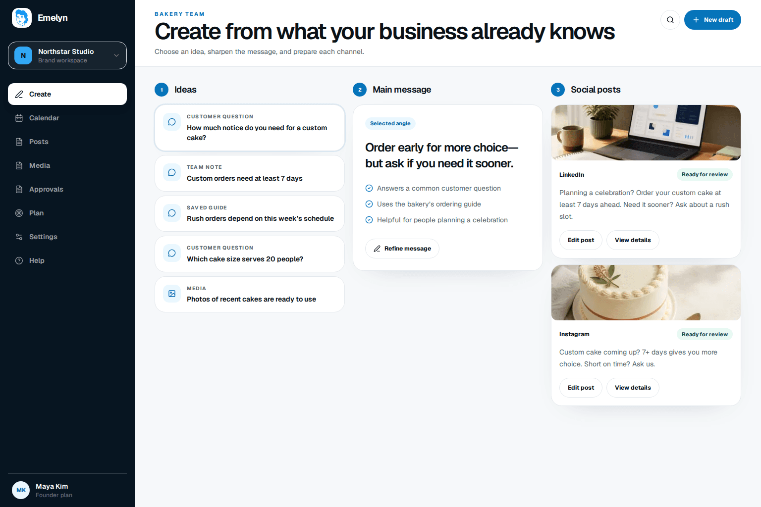 Emelyn example showing useful ideas, a chosen message, and two social posts ready for review