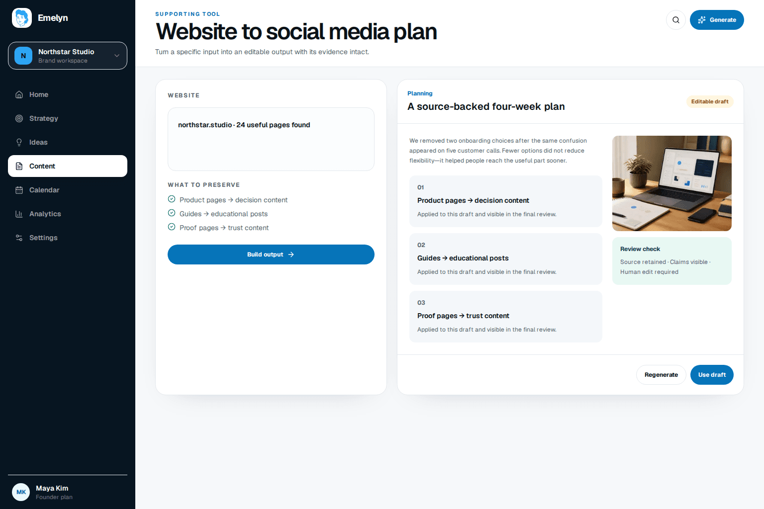 A public website flowing into strategy, listening, a seven-day social plan, and a learning loop