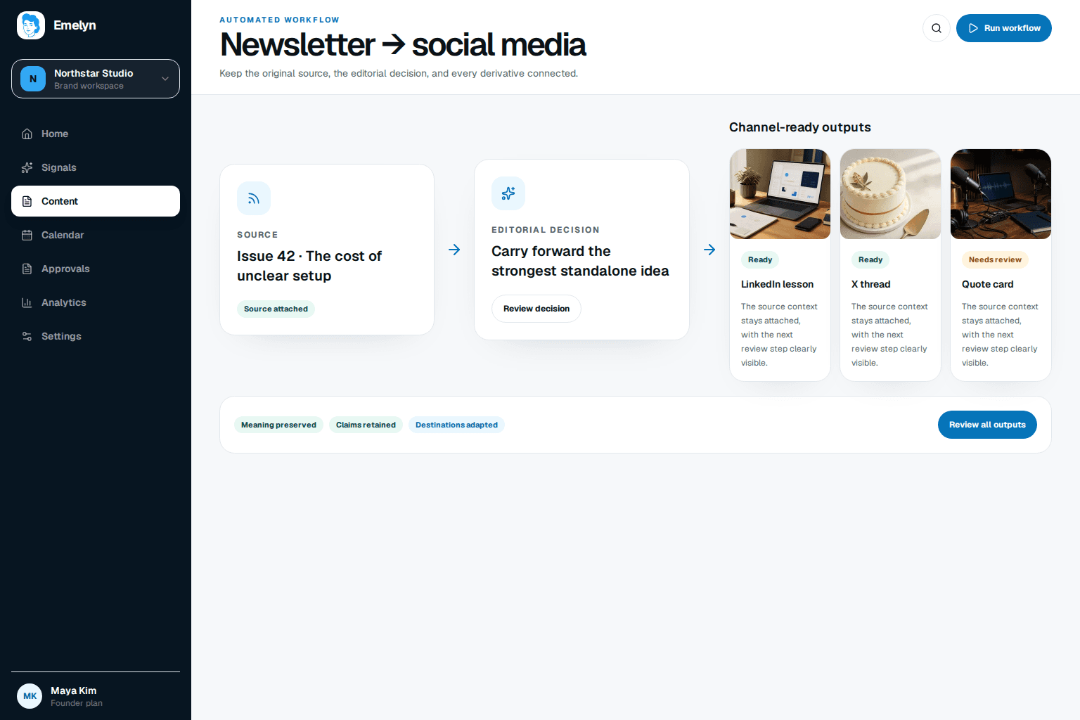 Emelyn mapping three standalone ideas from a newsletter into a deliberately spaced seven-day social content rhythm