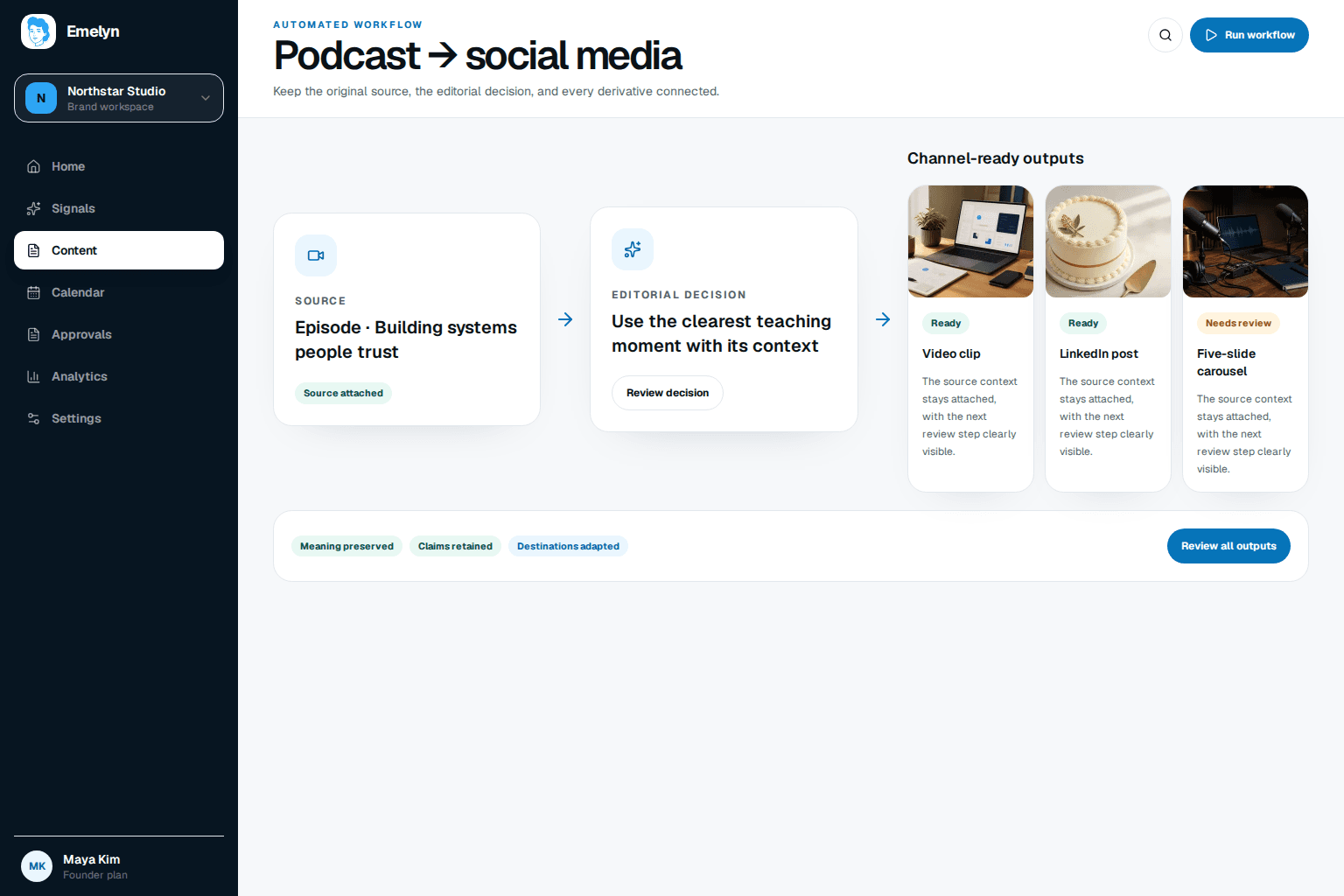 Emelyn reviewing an audio-only podcast episode, comparing three moments, choosing two assets, checking rights, and separating reach from episode listening