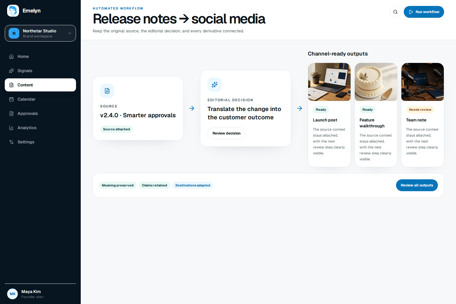 Emelyn checking release facts, choosing a customer update, and holding social drafts for product approval