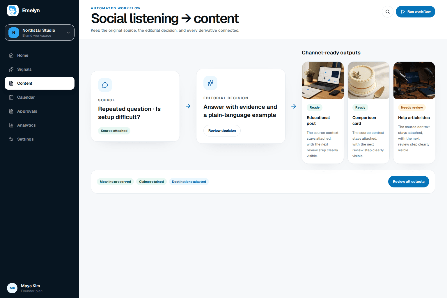 Emelyn workspace grouping evidence from three conversations into a reviewed content angle