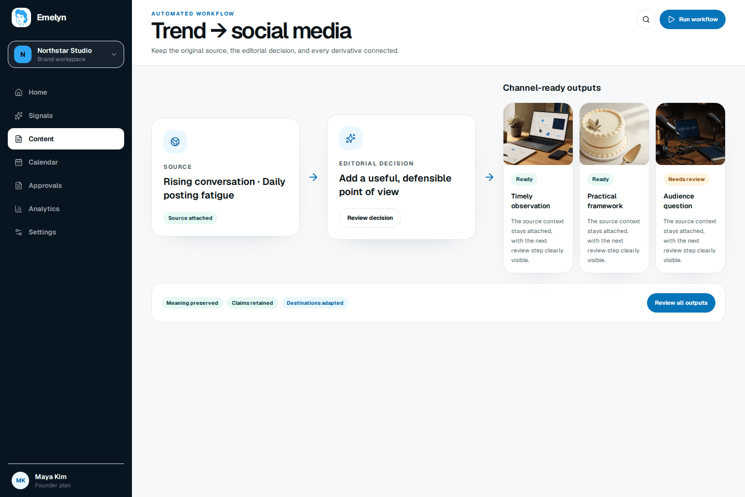 Emelyn checking audience fit, brand relevance, angle, and timing before turning a live trend into two distinct posts