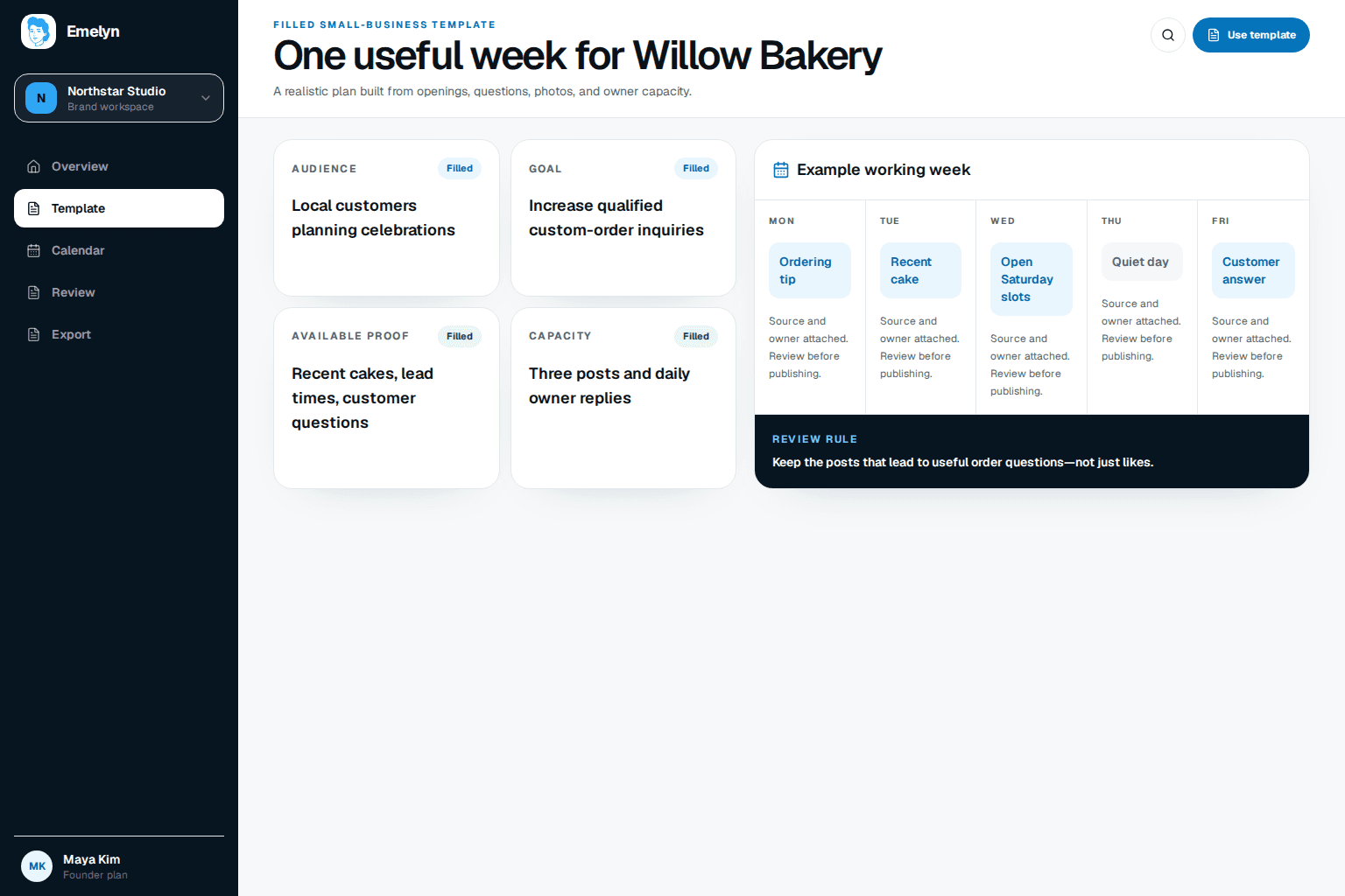 A simple weekly plan connecting real business moments, customer questions, posts, replies, and orders