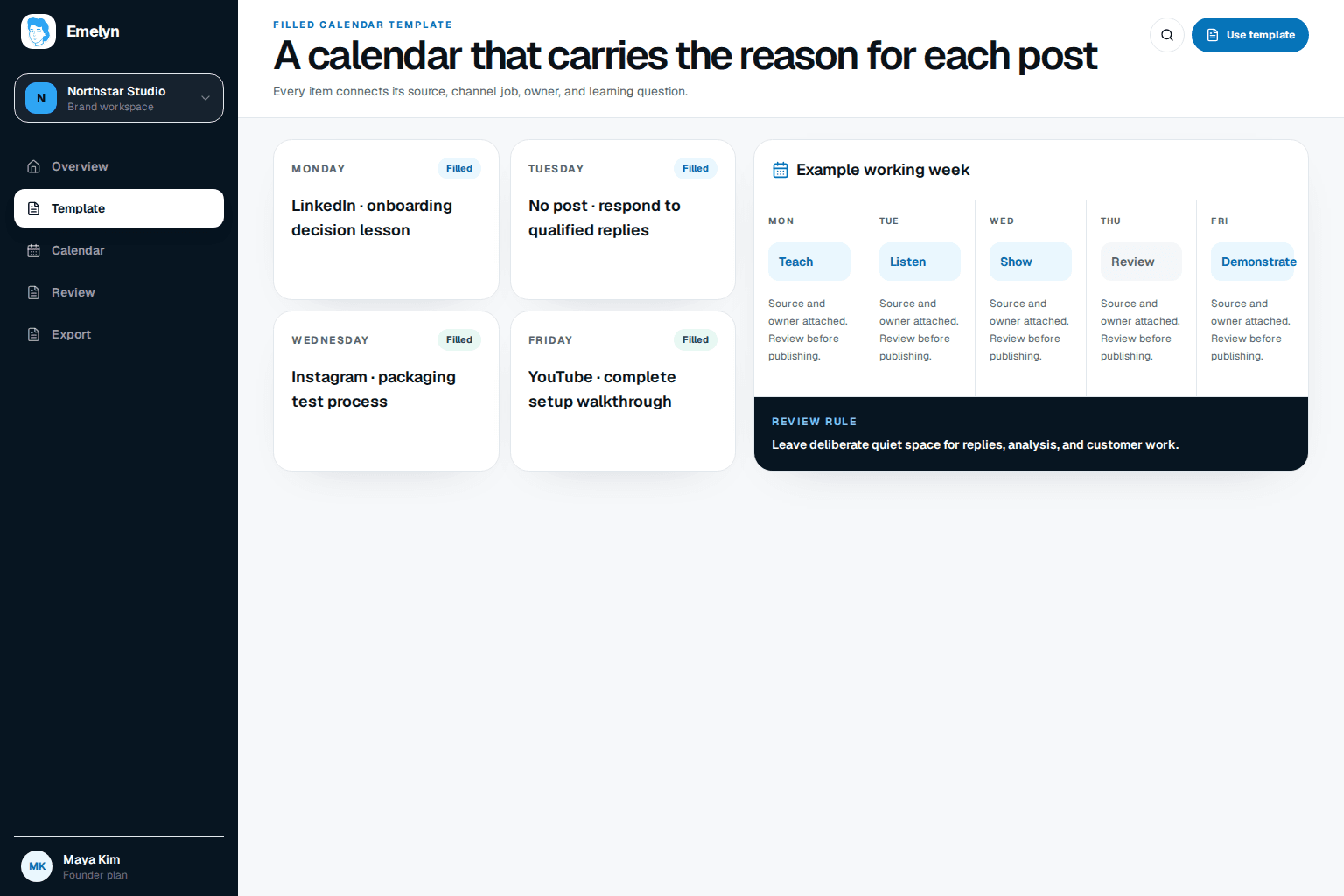 Content cards moving from idea through draft, review, scheduled, published, and learned