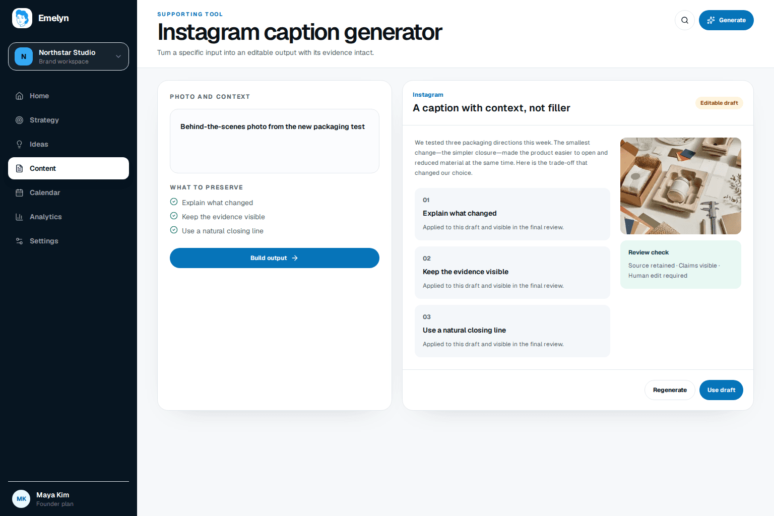 A real photo moment becoming an Instagram first line, caption, focused hashtags, and alt text