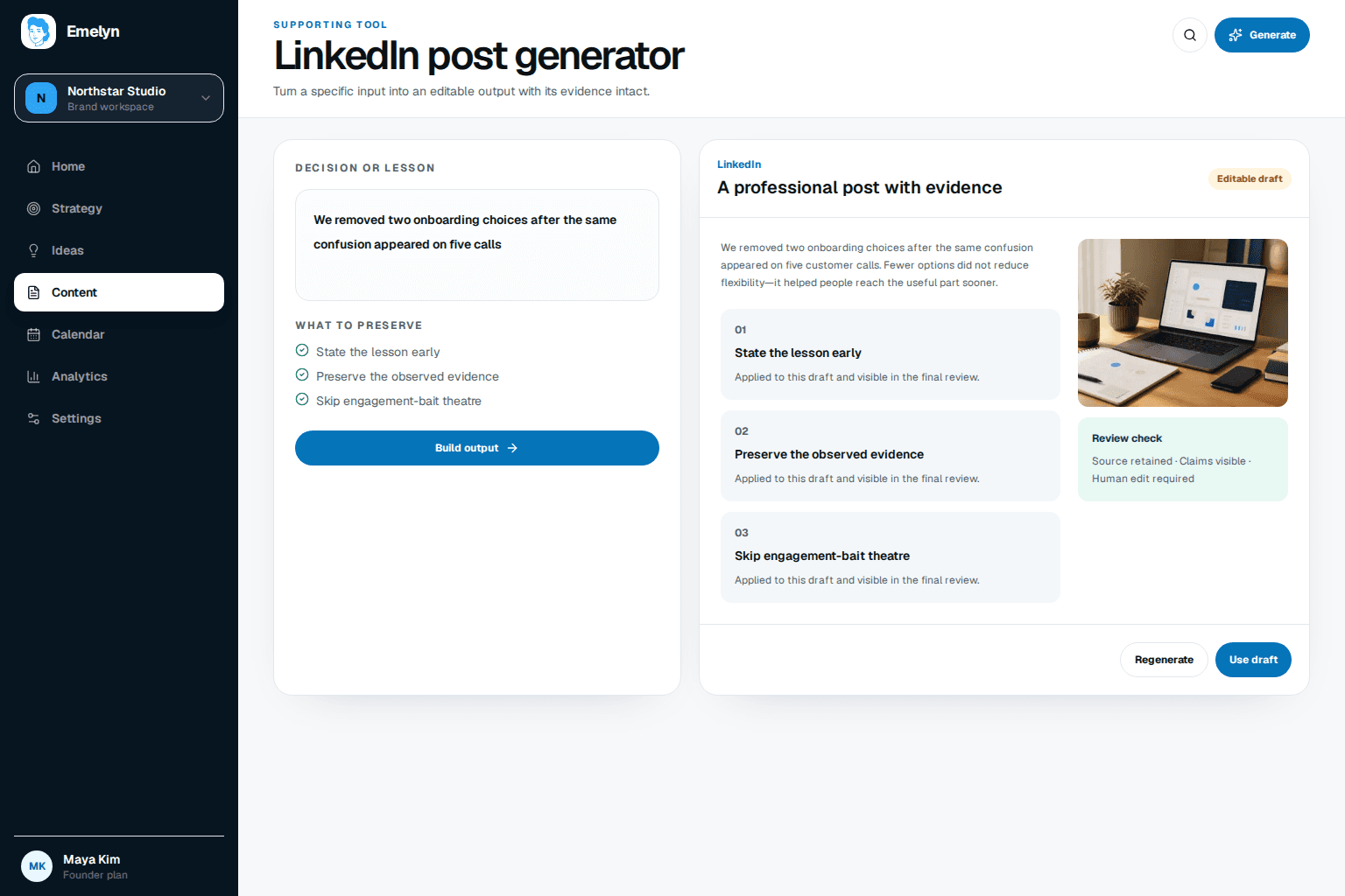 A work note becoming a clear LinkedIn post with evidence and a review check