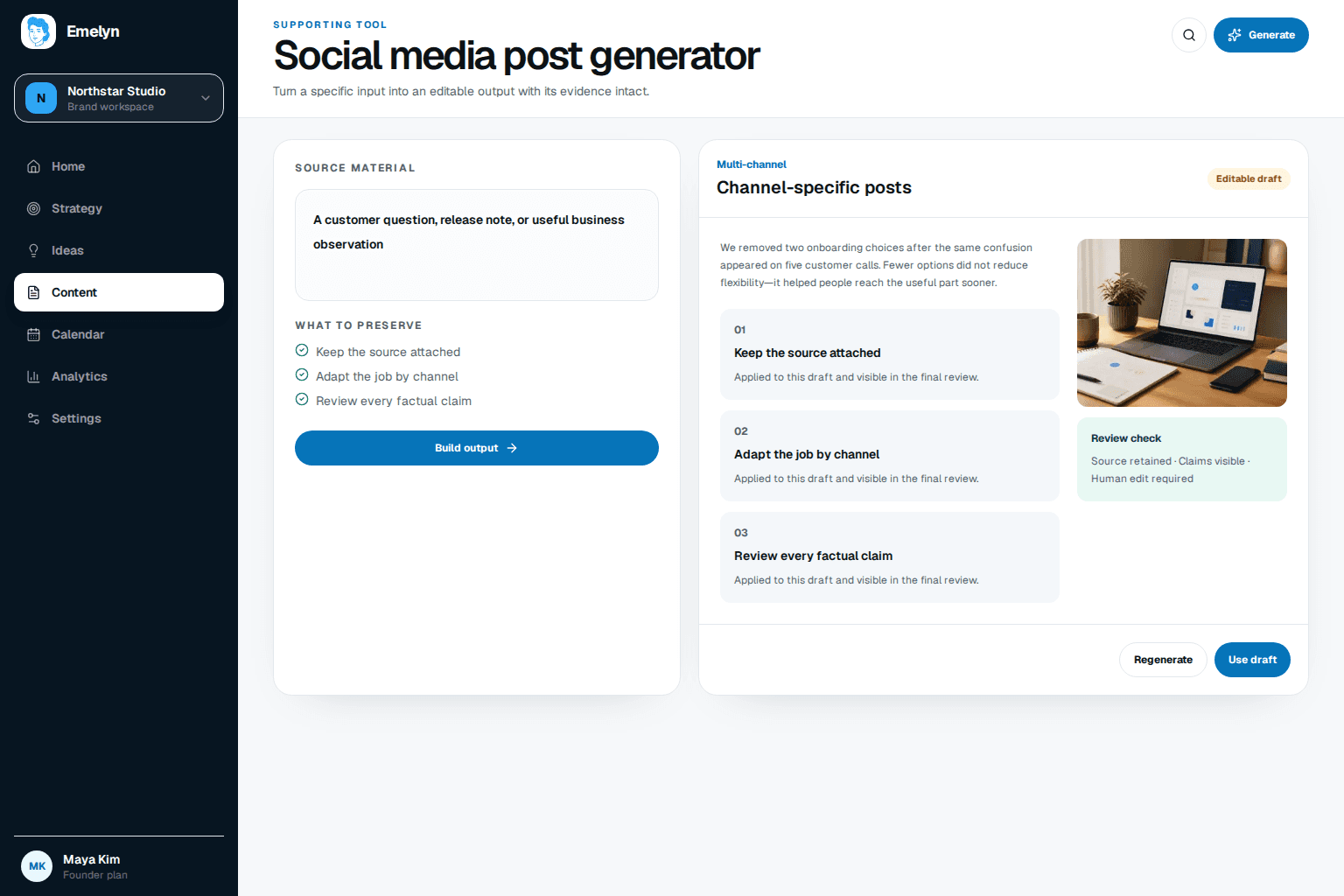 One source message splitting into four distinct platform drafts